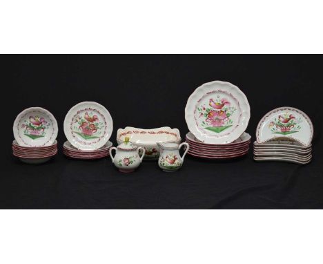 St Clement faience part dinner service, circa 1960, painted with bird and flowers, comprising eight dinner plates, seven side