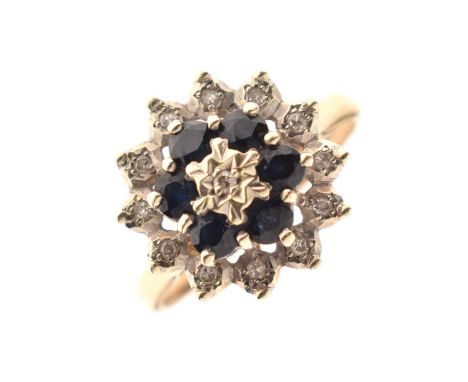 9ct gold sapphire and diamond cluster ring, the diamonds illusion set, size R approx, 4g gross approx