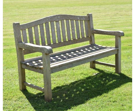 Two person teak garden bench with arched back, 135.5cm (seats widest point) x 95cm high