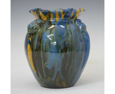 Clevedon Interest - Elton ware pottery vase, of ovoid form with three zoomorphic masks over vertical ribs, beneath five-lobed