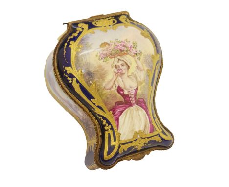 18th century-style porcelain and gilt metal box, circa 1900, the hinged cover having painted panel of a maiden carrying a bas