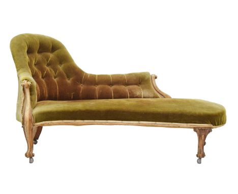 Victorian button back chaise longue, upholstered in green velvet, raised on two front carved supports, 137cm x 82.5cm high