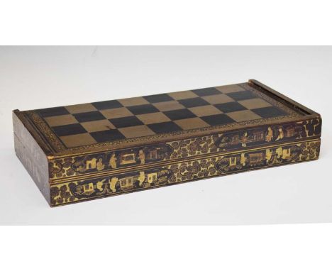 19th century Chinese lacquer and gilt decorated folding chess and backgammon board, 49cm x 49.5cm