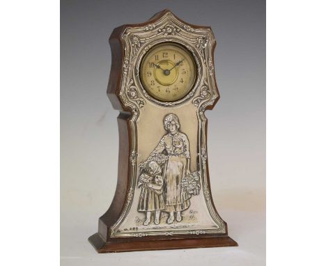 Edwardian silver fronted and mahogany miniature longcase clock with embossed floral and figural decoration, Birmingham 1905, 