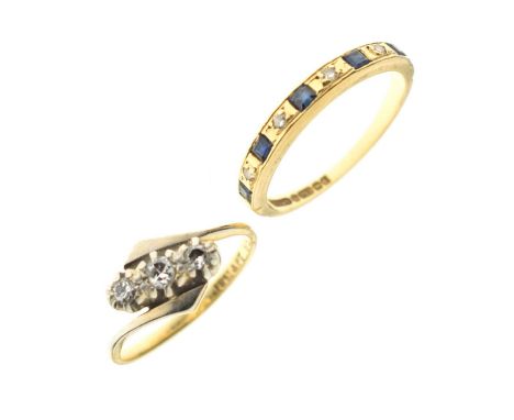 Diamond three-stone crossover ring, stamped '18ct &amp; Plat', size H approx, and a sapphire and diamond 18ct gold half etern