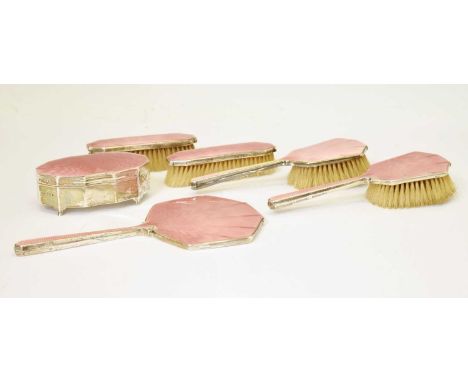 George VI Art Deco silver and pink enamel six-piece vanity set including trinket box, Birmingham 1936/1937, sponsor's marks o