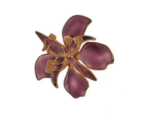 David Andersen, Norway - Silver and purple enamel orchid brooch, stamped D-A Norway Sterling 925S, 3cm wide