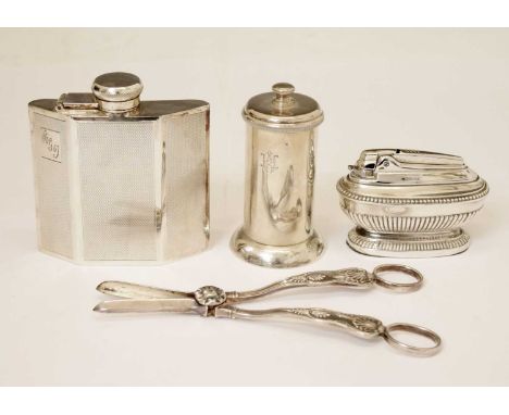 Silver-plated Art Deco style hip flask, 10.5cm high, pepper mill, table lighter, and a pair of silver-plated Kings pattern gr