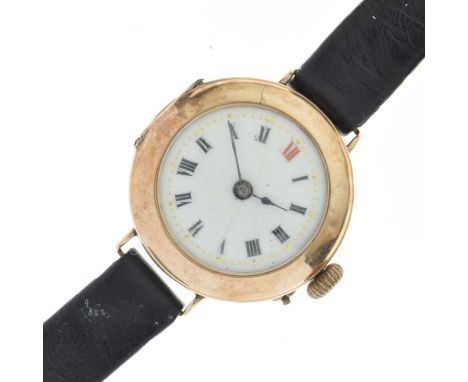 Early 20th century 9ct gold cased wristwatch, the white enamel dial with Roman hour markers and blued steel hands, cased back