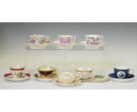 Eight various 19th century cups and saucers, to include Minton, Copeland Spode (retailed by Thomas Goode), puce transfer-prin