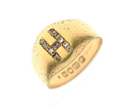 Late 19th century diamond 18ct gold signet ring, twelve rose cut diamonds set to the letter ‘H’, tapered shoulders, the band 