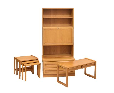 Suite of Hulsta light oak modular furniture, comprising glazed unit and two-door cupboard, both 96cm wide, and a fall-front o