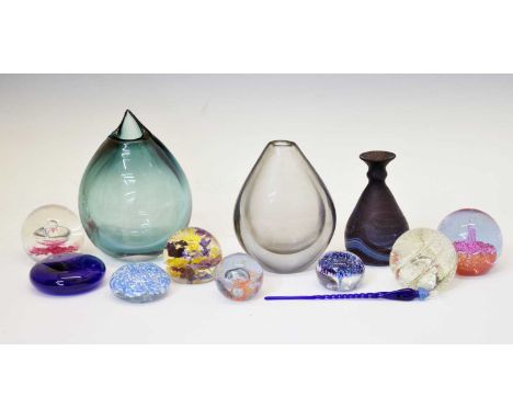 Collection of Caithness and other glass paperweights together with three studio glass vases. 17cm high and smaller