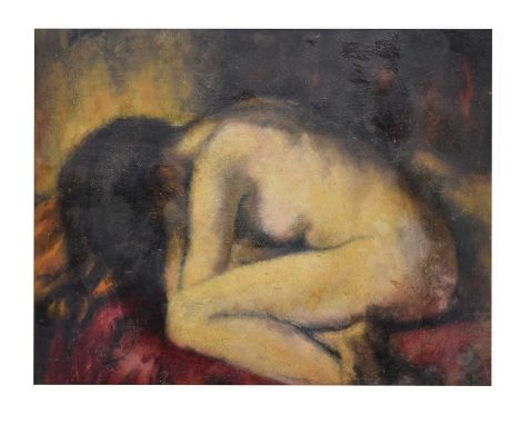 20th century English School - Oil on board - Nude study, signed 'G R' lower right, 54cm x 66cm, in gilt frame
