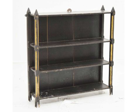 Ebonised Victorian low book shelf with three fitted shelves, with applied gilt metal motifs, 76cm x 19.5cm x 83.5cm high 