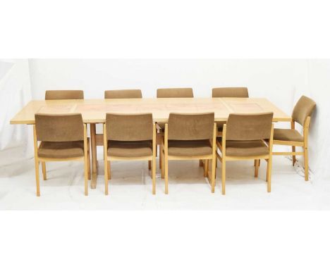 Matched Scandinavian dining suite comprising tile-inset light oak dining table with two clip-on extending leaves, 259cm x 91c