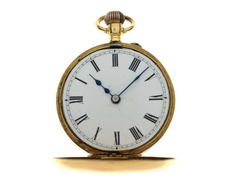 Lady's Swiss yellow metal (18K) half hunter fob watch, the white enamel Roman dial with blued steel hands, the front cover wi