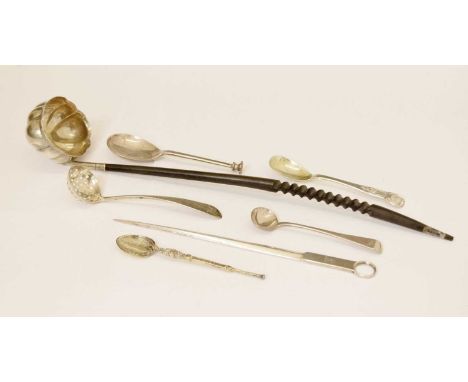 Elizabeth II silver and ebony ladle, Birmingham 1971, Edward VII meat skewer, London 1905, a William IV Scottish mustard spoo