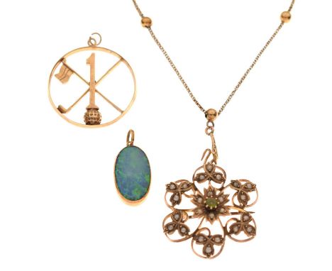 Opal 15ct gold pendant, the oval opal panel displaying blue and green play of colour, rubover set, dimensions approx. 18.5 x 