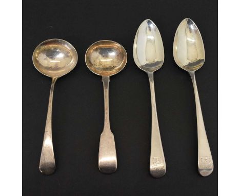 Pair George III Old English pattern silver tablespoons, London 1792, 22cm long, and an Old English pattern silver sauce ladle