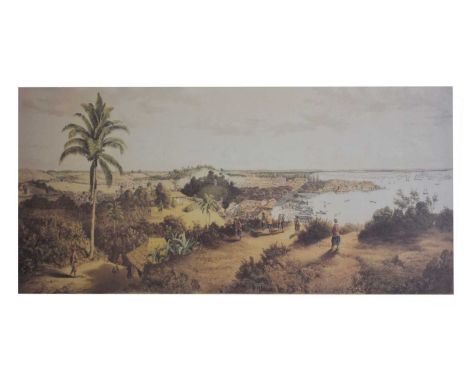 Reproduction coloured print of 'Singapore, from Mount Wallich at sunrise', after Percy Carpenter, 48cm x 95cm, gilt framed un