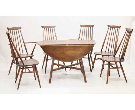 Ercol - set of six (4 + 2 arm) Goldsmith Windsor stick back dining chairs, stamped beneath '1960 2056', original labels, and 