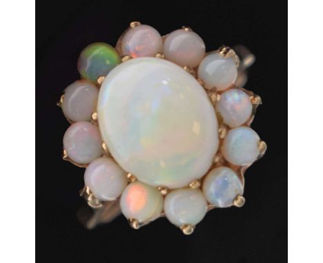 9ct gold opal cluster ring, size L approx, Sheffield 1976, 3.2g gross approx