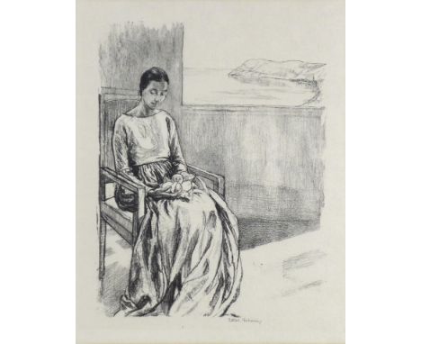 Ethel Gabain (French, 1883-1950): a seated woman holding lemons, by an open window with seashore beyond, black and white lith