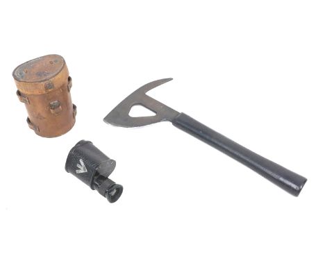A WWII escape Axe and a monocular, the axe believed to be from a Halifax bomber, with Air Ministry mark to axe head, an insul
