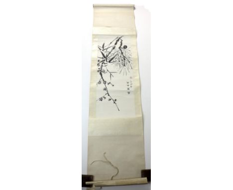 A Chinese scroll painting, depicting flowering cherry prunus blossom, seven character signature and red seal mark. 