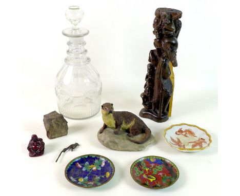 A mixed group of collectables, comprising a Victorian clear glass three ring decanter and stopper, 27cm, two Chinese cloisonn