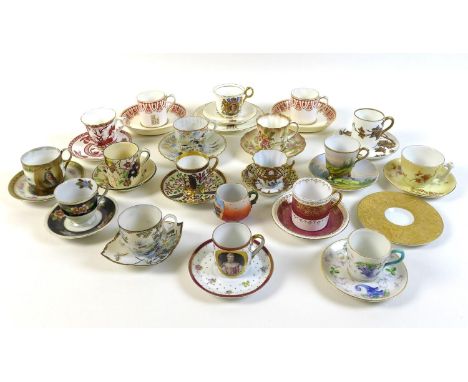 A group of seventeen coffee cups and saucers, together with an Elizabeth II commemorative trio, a saucer decorated with gilt 