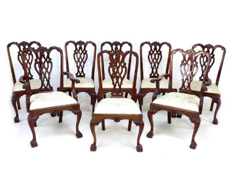 Eight 20th century mahogany Chippendale style dining chairs, comprising six dining chairs, 54.5 by 58 by 103.5cm high, two ca