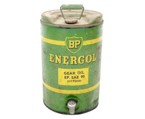 A vintage 'BP Energol Gear Oil' metal can, 'EP. SAE 90 (Hypoid)', with single handle to its top and tap at front. 
