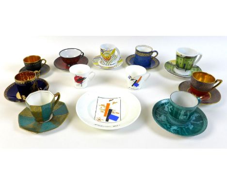 A group of Russian Imperial ceramics, comprising two coffee cups and a plate, together with a group of nine tea and espresso 