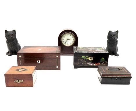 A group of collectables, comprising a vintage Magneta electric mantel clock, 15 by 7.5 by 18cm high, two Bretby cats, pattern