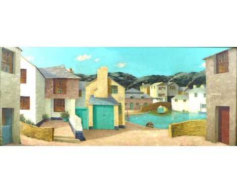 Colin Richardson (British, 20th century): 'Smuggler's Cottage, Polperro, showing House on Props', depicting a harbour scene, 