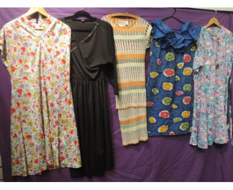 A lot of five vintage 70s and 80s dresses, mixed styles and sizes, all in good condition.