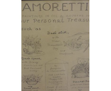 A pen and ink sketch, Josefina de Vasconcellos, Amoretti advert for paintings and personal treasures, 15.5in x 10in