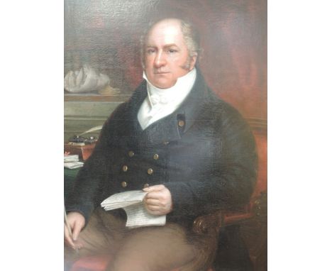 An oil painting, portrait study, 19th century seated gentleman of substance, 40in x 30in