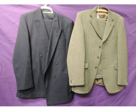 Two good quality vintage 1970s gents suits, one blue with pin stripe and made of wool and the other of 'keepers tweed'. Both 