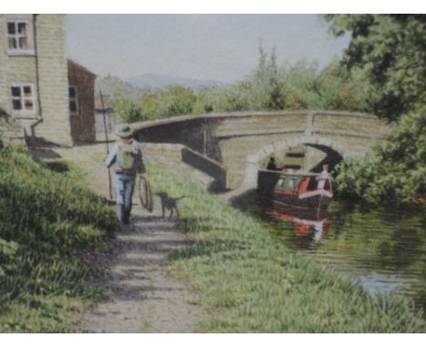 A watercolour, R Hobbs, The Towpath, Gargrave, signed and attributed verso, 4in x 5in