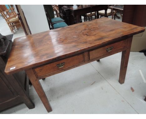 A vintage elm top kitchen table of French style, having two frieze drawers and square legsL 52" x W 28" x H 29"