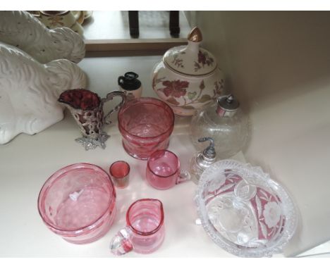 A selection of ceramics and glassware including cranberry glass etc