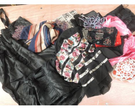 Mixed lot of vintage and antique items, including a black slip, scarf, off cuts and gem stone decoration from a garment and a