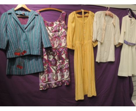 A small lot of vintage items, includes a suit,a dress and jacket and three dresses. approx late 50s to 80s, mixed styles and 