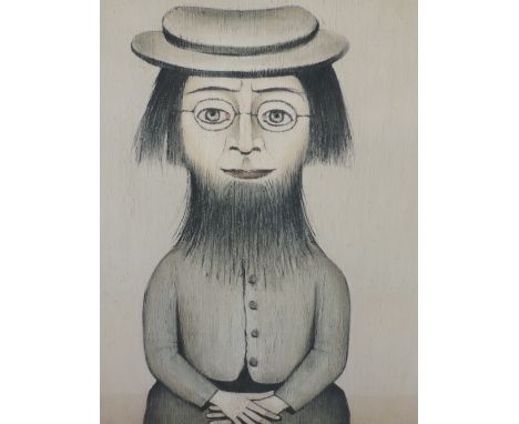 A print after L S Lowry, woman with beard, signed, 24in x 19.5in and a monochrome print after Lowry, similar, 10in x 6inCONDI