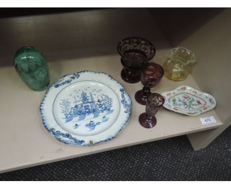 A 19th century ceramic stand of Cantonese design and selection of glass including ruby, dump, etc