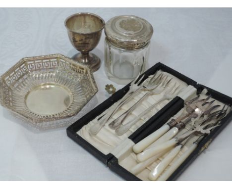 A small selection of HM silver including pickle forks having mother of pearl handles, egg cup, trinket dish etc