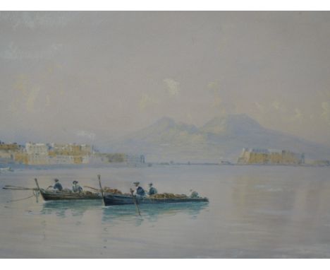 A watercolour, G Ball, continental coastal town, indistinctly signed, 7in x 13in and a print after Peter P, Ducks, indistinct